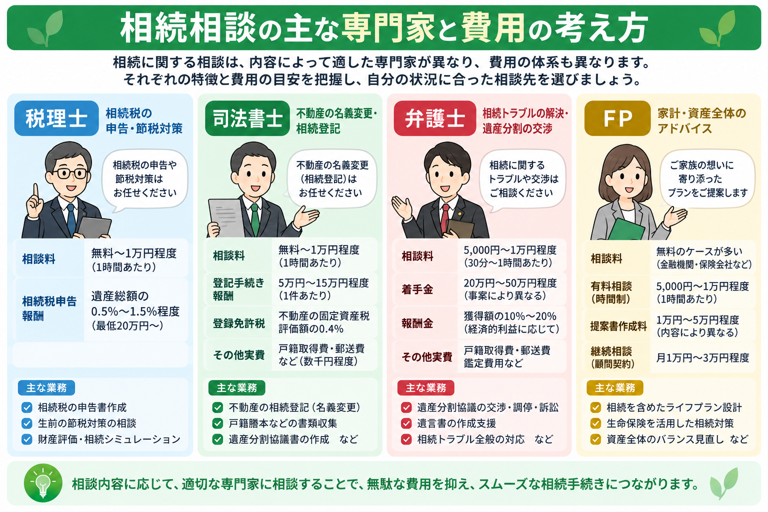 相続相談における税理士・司法書士・弁護士・FPの費用体系と主な業務を比較した図解