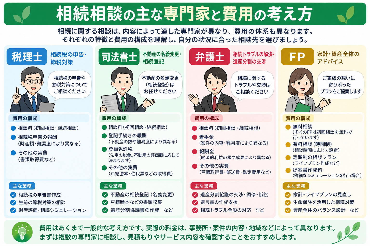 相続相談における税理士・司法書士・弁護士・FPの費用構成と主な業務を比較した図解。相談料、専門家報酬、実費、追加費用の考え方を整理している
