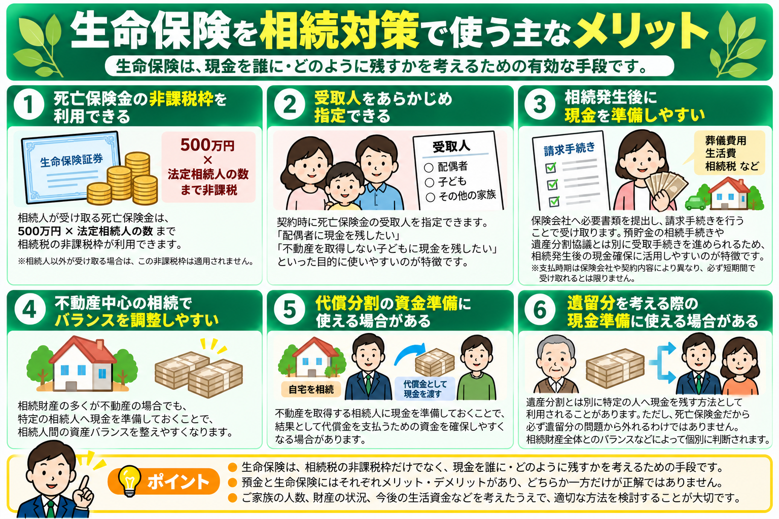 生命保険を相続対策で使う主なメリットを整理した図解
